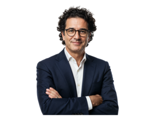 Confident middle aged businessman with curly hair and glasses wearing a suit with arms crossed isolated on transparent background