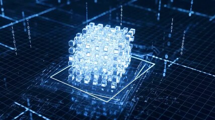 Futuristic digital cube structure glowing on a grid background with intricate patterns and technology - Powered by Adobe