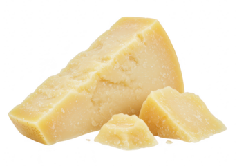 Several wedges of aged parmesan cheese, a hard italian delicacy, isolated on a transparent background