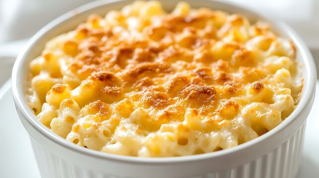 Golden Baked Macaroni and Cheese in a White Bowl