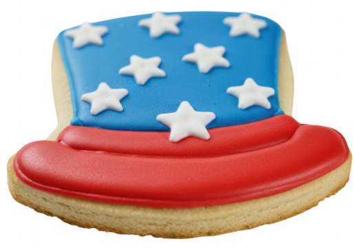 A festive uncle sam hat cookie decorated with red, white, and blue icing and stars, isolated on a transparent background