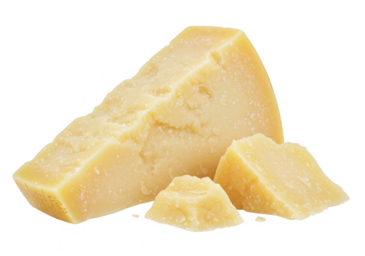 Several wedges of aged parmesan cheese, a hard italian delicacy, isolated on a transparent background