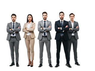 A diverse group of five professionals in business attire standing confidently together isolated on transparent background