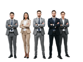 A diverse group of five professionals in business attire standing confidently together isolated on transparent background