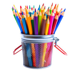 Colorful pencils in a wire container