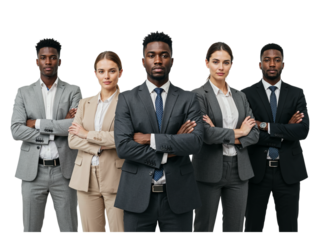 Diverse group of five young professionals standing confidently with arms crossed against a black backdrop isolated on transparent background