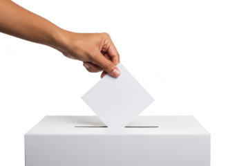 A persons hand inserts a blank ballot into a white voting box, isolated on a transparent background