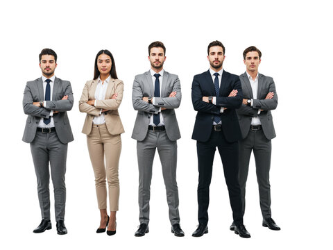 A diverse group of five professionals in business attire standing confidently together isolated on transparent background