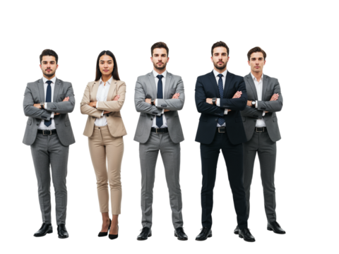 A diverse group of five professionals in business attire standing confidently together isolated on transparent background