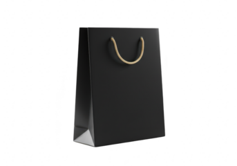 A plain black paper shopping bag with a rope handle, isolated on a transparent background