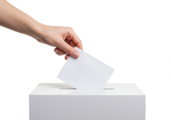 A hand places a blank ballot into a white voting box, symbolizing democratic participation isolated on transparent background