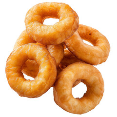 A pile of golden-brown, plain doughnuts