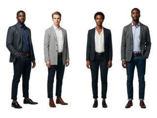 Four diverse business professionals standing confidently together in smart casual attire isolated on transparent background