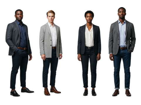 Four diverse business professionals standing confidently together in smart casual attire isolated on transparent background