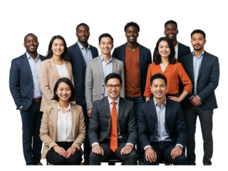 Diverse group of smiling business professionals standing and sitting together in a studio isolated on transparent background
