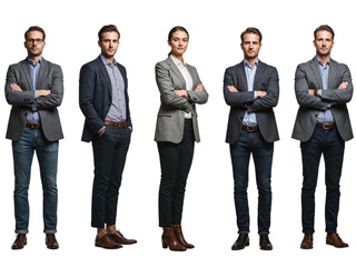 Obraz premium Five professional business people standing together in smart casual attire isolated on transparent background
