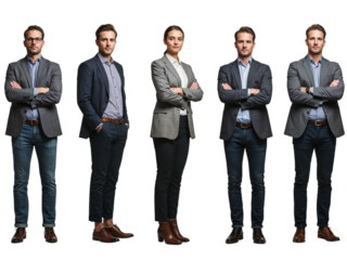 Five professional business people standing together in smart casual attire isolated on transparent background