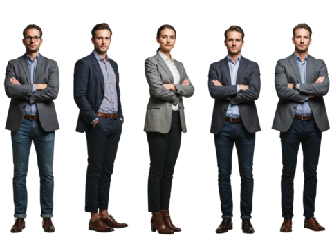Five professional business people standing together in smart casual attire isolated on transparent background