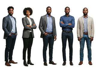 Five diverse business professionals standing confidently together in smart casual attire isolated on transparent background