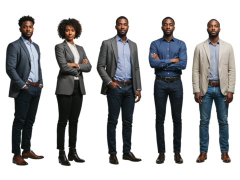 Five diverse business professionals standing confidently together in smart casual attire isolated on transparent background