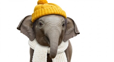 可愛い象さん 黄色帽子 暖かいマフラー 冬景色 (Kawaii zousan kiiro bousi atatakai mafura fuyu keshiki) Translation: Cute elephant yellow hat warm scarf winter scene. AI Generated
