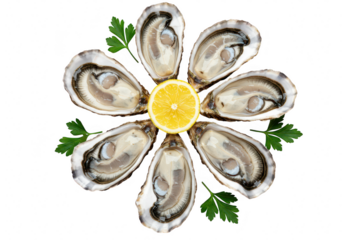 A circular arrangement of fresh oysters garnished with lemon and parsley on a transparent background