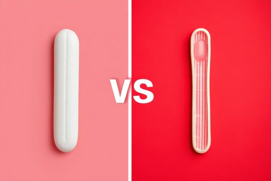 Tampon and applicator comparison shot against vibrant pink and red backgrounds, perfect for menstrual cycle concepts.
