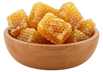 A wooden bowl filled with golden honeycomb pieces, showcasing their intricate hexagonal cells, isolated on white isolated on transparent background