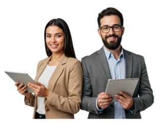 Confident business professionals a man and woman holding tablets and smiling isolated on transparent background