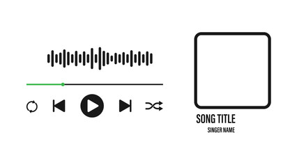 Audio player interface design element with song photo frame, buttons, loading bar and sound wave. 