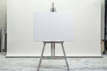 A blank white canvas on an easel stands ready for artistic creation in a minimalist studio.