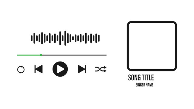 Audio player interface design element with song photo frame, buttons, loading bar and sound wave. 