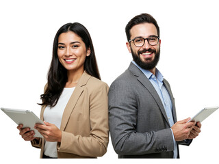 Smiling diverse business professionals a man and a woman holding tablets and looking at the camera isolated on transparent background