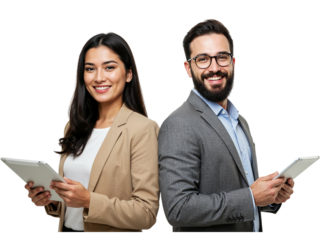 Smiling diverse business professionals a man and a woman holding tablets and looking at the camera isolated on transparent background