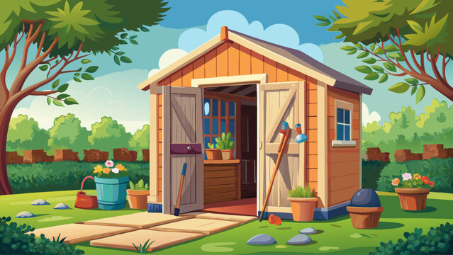 Detached garden shed with open door, gardening tools visible inside. Backyard utility structure