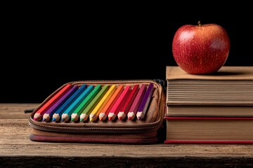 A red apple sits atop stacked books beside a pencil case filled with colored pencils all on a wooden surface with a black backdrop