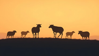 Obraz premium Silhouetted sheep grazing on a grassy hillside against a warm, orange sunset.
