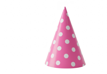 A single pink polka dot party hat isolated on a clean transparent background