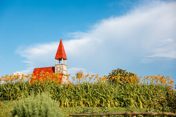 A red roofed structure with a bell tower stands above a field of orange flowers and green plants, with a wooden fence in the foreground and a blue sky above.