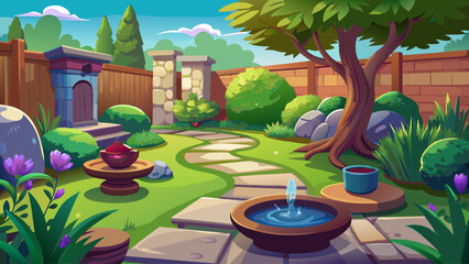 Private backyard garden with stepping stones, shrubs, and a small fountain. Peaceful outdoor space