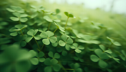 Clover leaves in soft wind, motion blur effect, dreamy green tones, depth and texture focus, close-up perspective