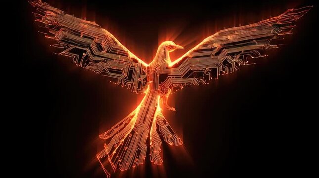Fiery Circuit Bird in Digital Flight