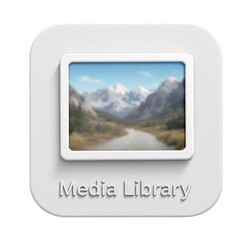 Media library icon with a mountain road landscape displayed inside a white frame on a white background