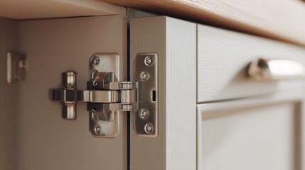 Close-up of a kitchen cabinet hinge