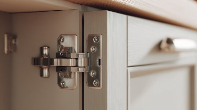 Close-up of a kitchen cabinet hinge