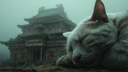 Serene Cat Resting by Ancient Temple
