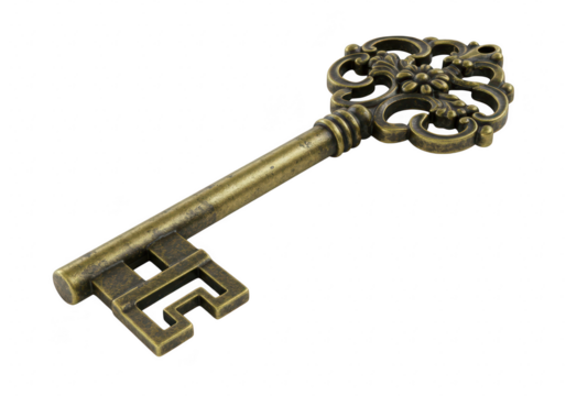 An antique bronze key with an ornate design, symbolizing access and history isolated on transparent background