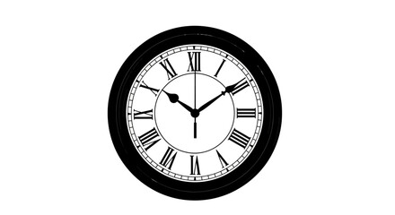 Classic analog clock face displays the time, black and white design, Roman numerals.