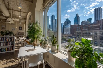 Modern Urban Cafe Interior With City View