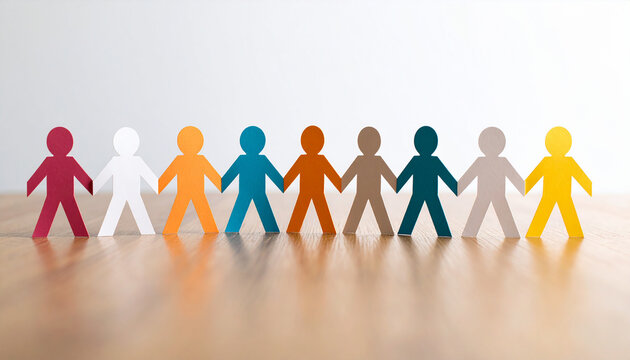 Colorful paper cut-out people holding hands in a line. Community concept.
